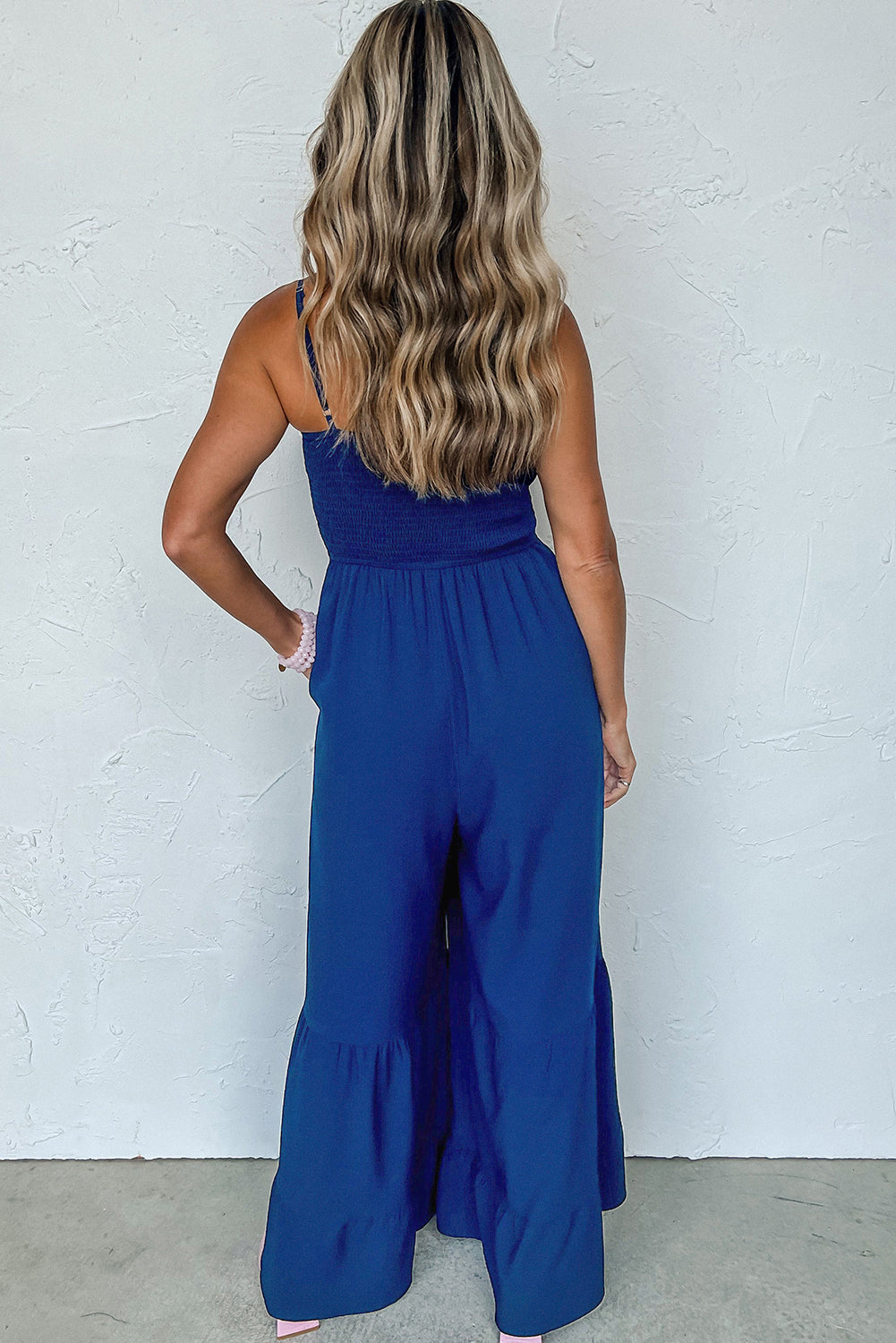 Spaghetti Straps Smocked Ruffled Wide Leg Jumpsuit | Navy Blue