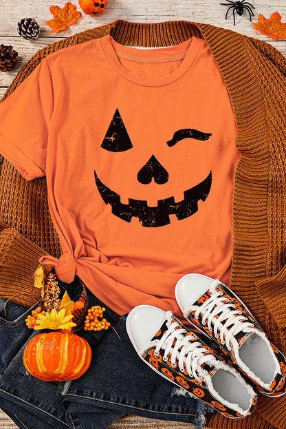 Halloween Pumpkin Face Print Crew Neck T Shirt | Orange