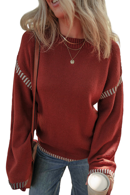 Colour Contrast Trim Drop Shoulder Crew Neck Sweater | Red Dahlia