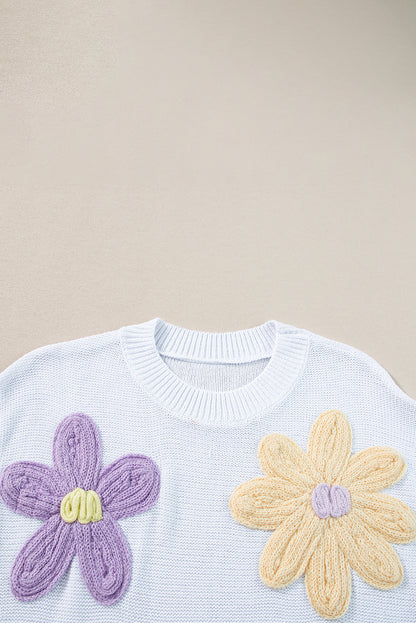 Multi Crochet Flower Knit Short Sleeve Sweater Tops | White