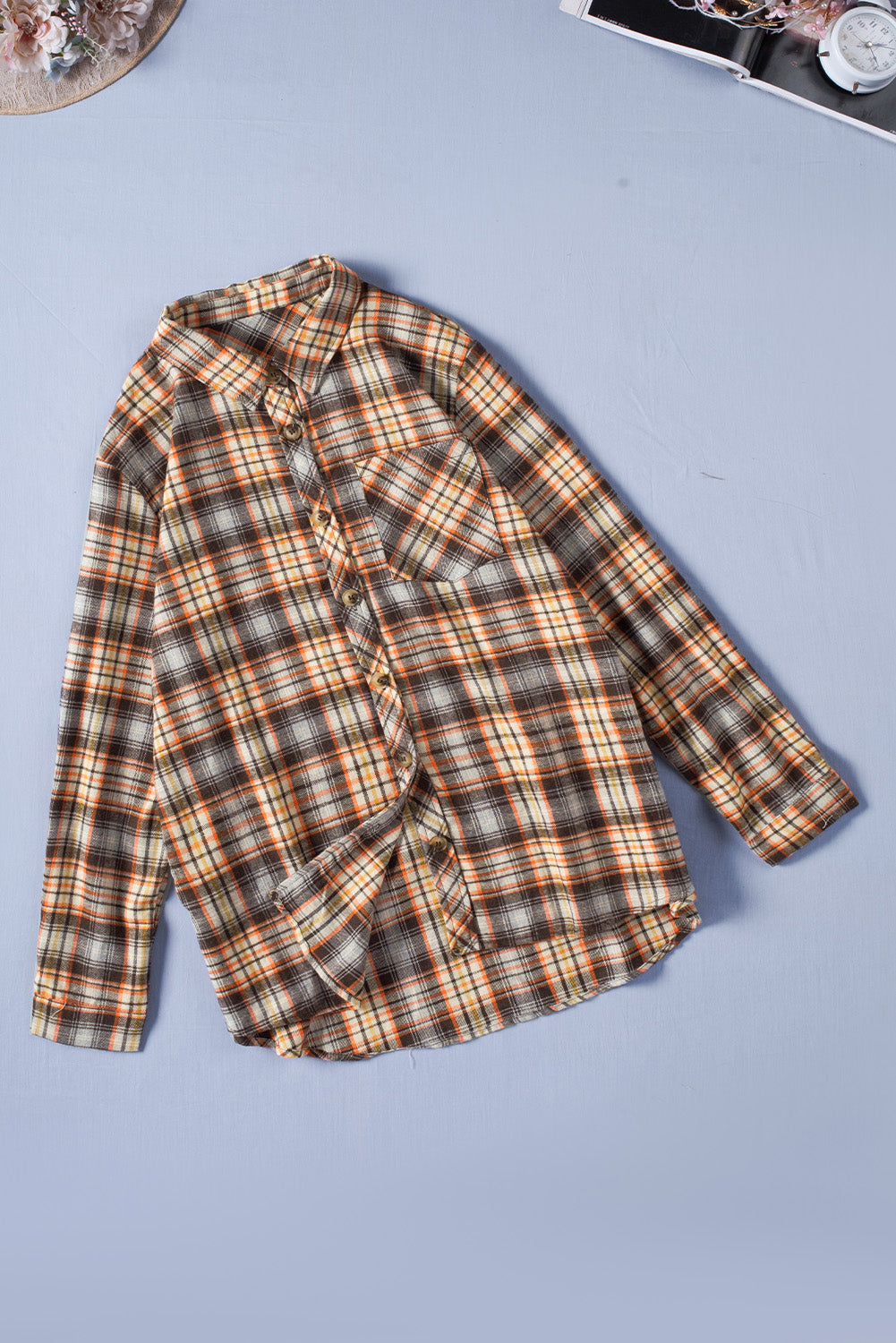 Plaid Print Button Long Sleeve Plus Size Shirt Coat | Apricot