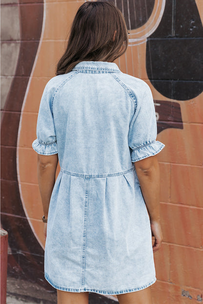 Mineral Wash Ruffled Short Sleeve Buttoned Denim Dress | Beau Blue