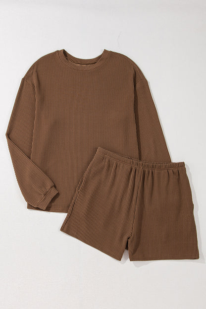 Corded Knit Long Sleeve Top And High Waist Shorts Set | Chestnut