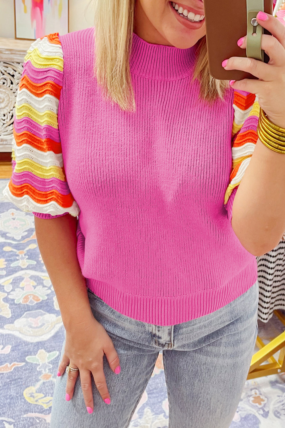 Ribbed Knit Contrast Sleeve Sweater Top | Pink