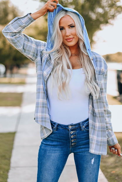 Plaid Print Pocket Drawstring Hooded Jacket | Sky Blue