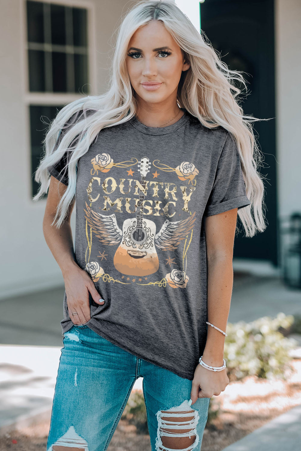 Country Music Guitar Graphic Print Crew Neck T Shirt | Gray