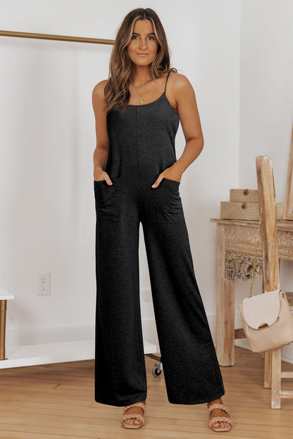 Patch Pockets Spaghetti Strap Wide Leg Jumpsuit | Black