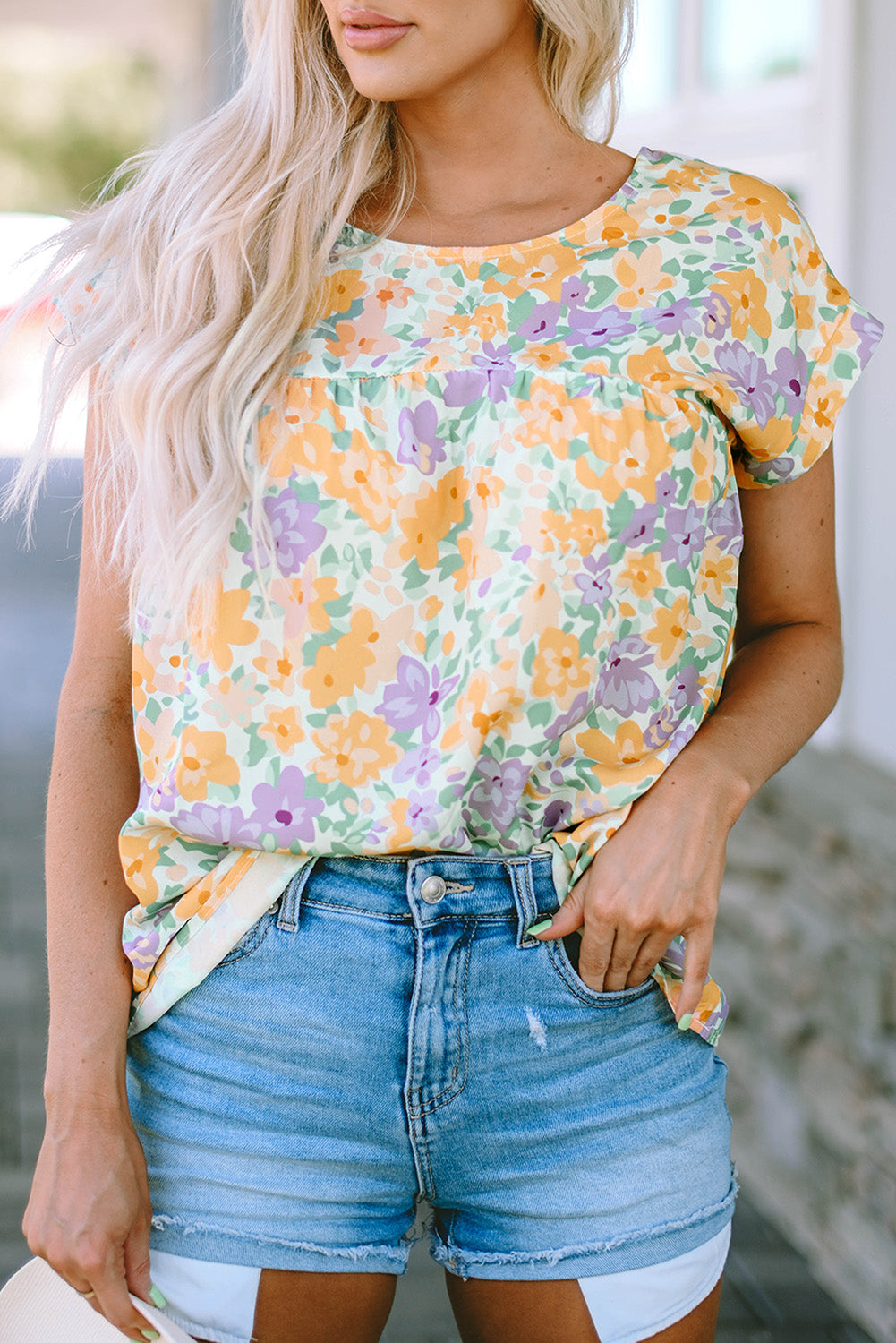 Floral Print Keyhole Back Short Sleeve Babydoll Blouse | Yellow