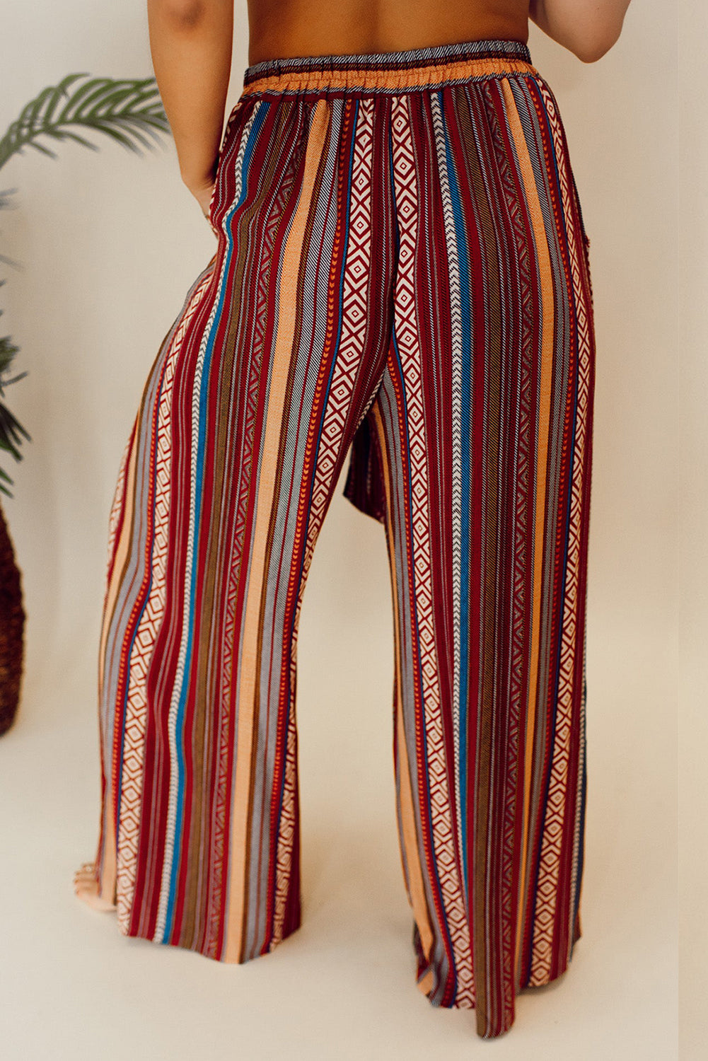 Boho Ethnic Striped Print Tie Waist Wide Leg Pants | Red