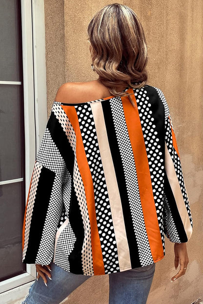 Polka Dot Vertical Striped Printed Puff Sleeve Blouse | Orange