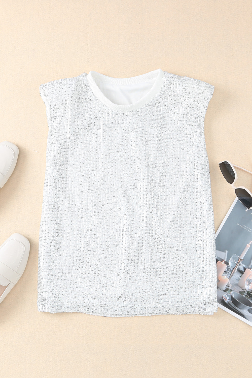 Sequin Round Neck Tank Top | Apricot