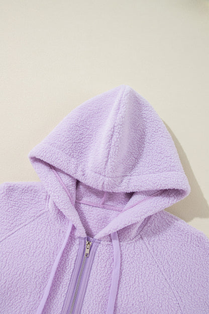 Zipped Patch Pocket Fuzzy Drawstring Hoodie | Lavendula