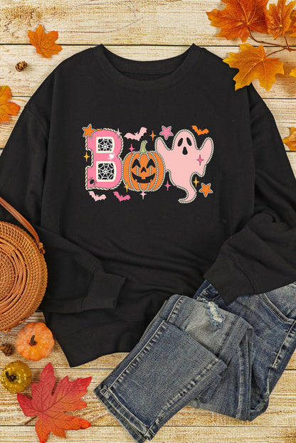 Boo Pumpkin Ghost Print Crew Neck Halloween Sweatshirt | Black