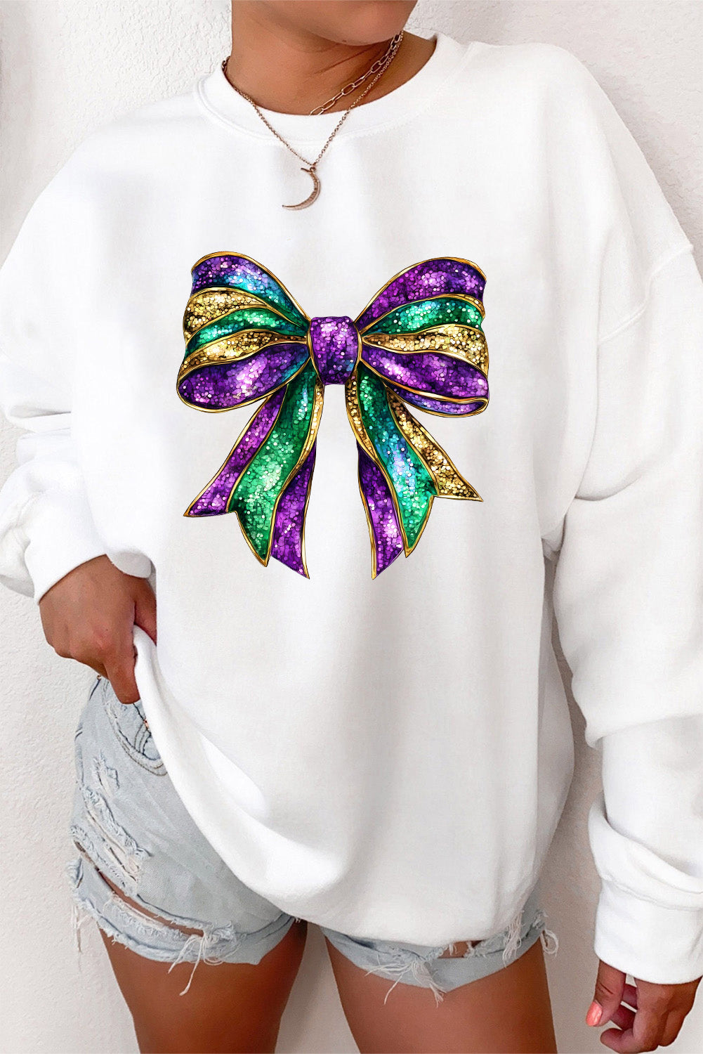 Mardi Gras Bow Graphic Drop Shoulder Sweatshirt | White