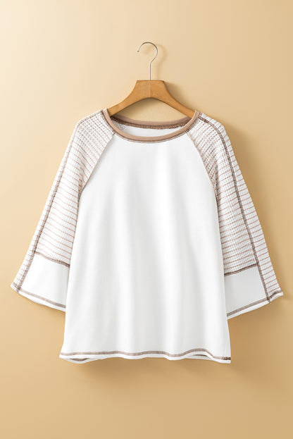 Striped Bracelet Sleeve Raglan Patchwork Top | White