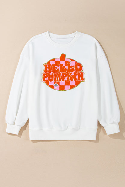 Terry Halloween Pumpkin Patched Pattern Pullover Sweatshirt | White