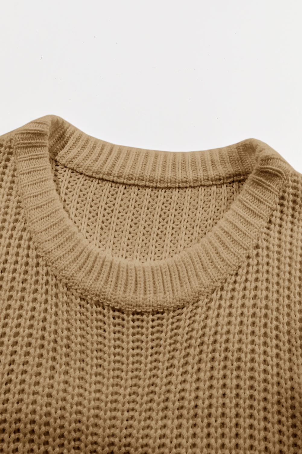 Khaki Ribbed Knit Round Neck Slouchy Chunky Sweater | Apricot khaki