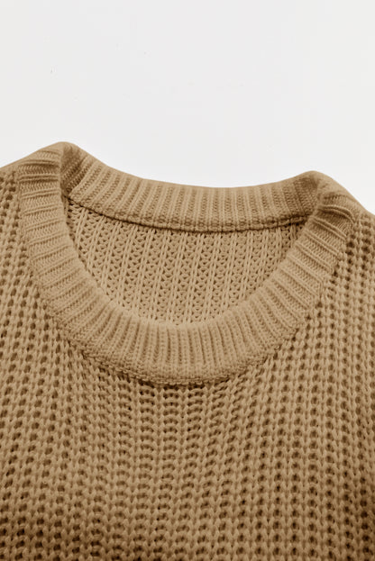 Khaki Ribbed Knit Round Neck Slouchy Chunky Sweater | Apricot khaki