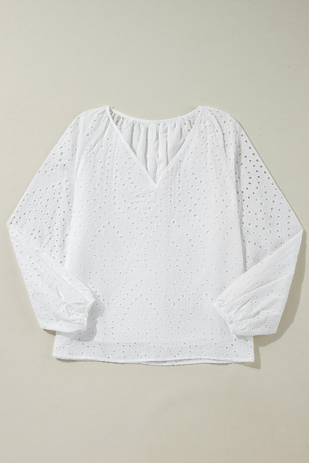 Eyelet Embroidered V Neck Puff Sleeve Blouse | White