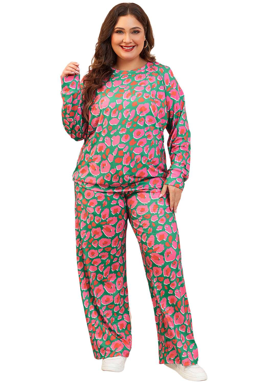 Plus Size Printed Long Sleeve And Pants Lounge Set | Green