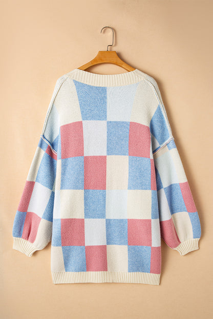 Checkered Drop Shoulder Exposed Seam Open Front Cardigan | Light Blue