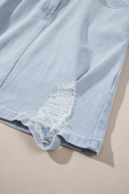 Acid Wash Flap Pockets Frayed Denim Dress | Light Blue