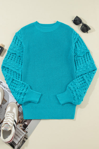 Ruffled Eyelet Bubble Sleeve Sweater | Turquoise