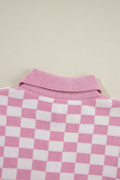 Checkered Buttons Collar V Neck Drop Shoulder Sweater | Pink