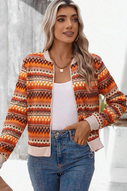 Boho Striped Zip Up Long Sleeve Jacket | Orange