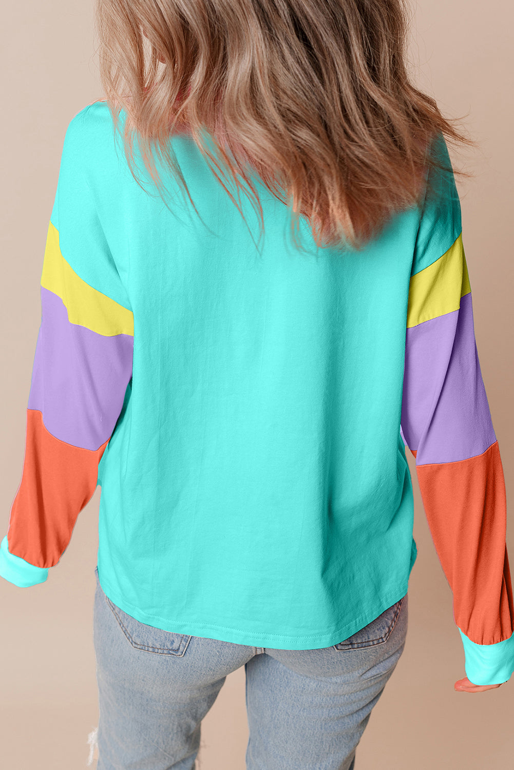 Colourblock Patchwork Long Sleeve Loose Top | Light Blue