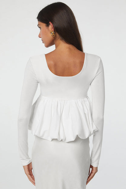 U Neck Long Sleeve Bubble Hem Top | White