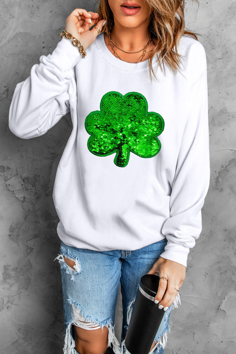 Sequin Clover Embroidered Drop Shoulder Sweatshirt | White