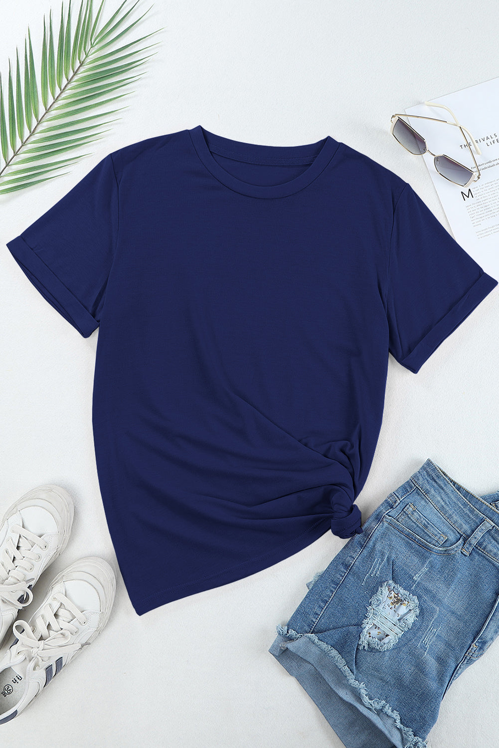 Casual Plain Crew Neck Tee | Blue