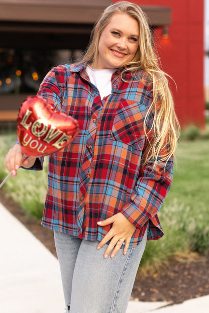 Plus Size Plaid Print Buttoned Shirt | Red