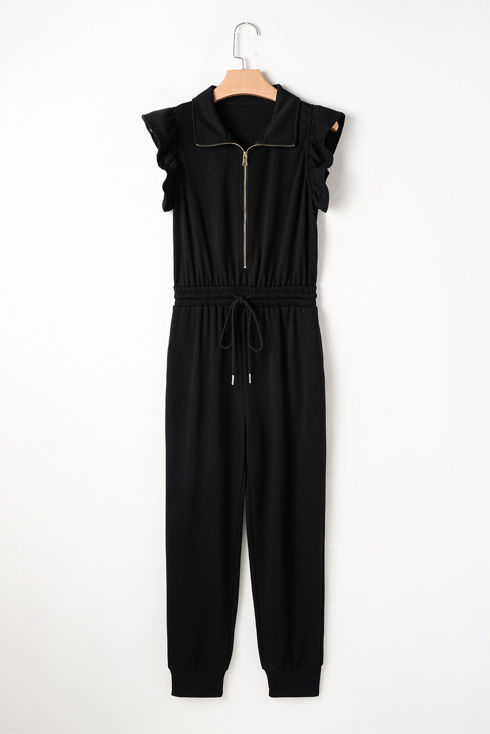 Zipper Flutter Sleeve Drawstring High Waist Jumpsuit | Black