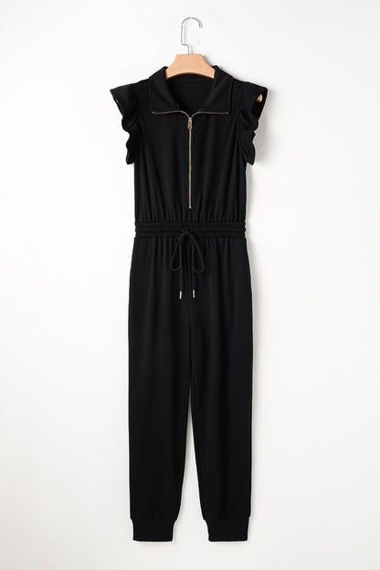 Zipper Flutter Sleeve Drawstring High Waist Jumpsuit | Black