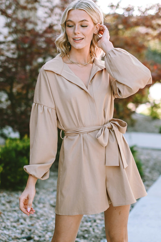 Light French Beige Lapel Drop Shoulder Bubble Sleeve Romper with Sash