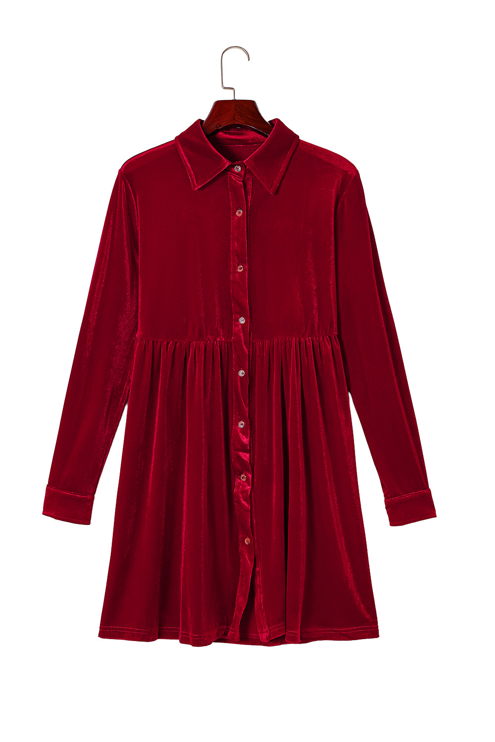 Fiery  Long Sleeve Ruffle Velvet Button Up Dress | Red