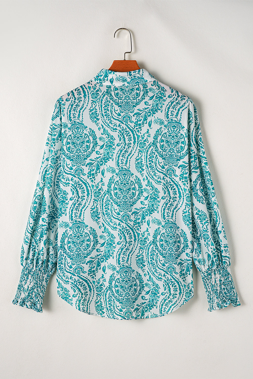 Paisley Print Smocked Cuff Buttoned Loose Shirt | Green