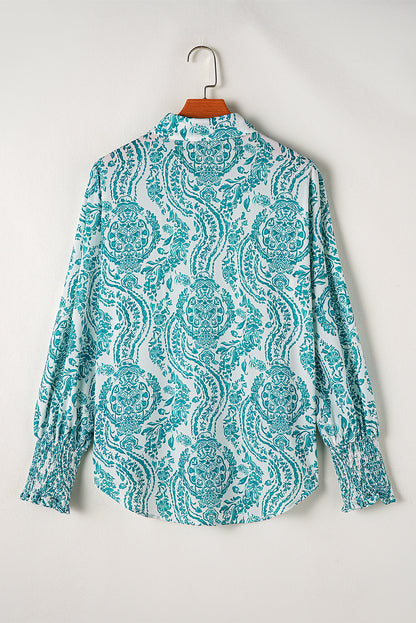 Paisley Print Smocked Cuff Buttoned Loose Shirt | Green