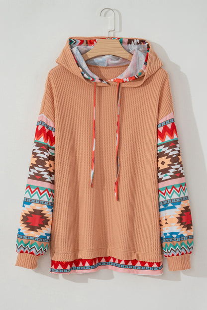 Aztec Patchwork Waffle Knit Plus Size Hoodie | Khaki