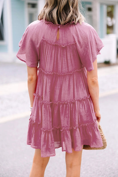 Short Sleeve Tiered Frilly Mini Dress | Rose Red