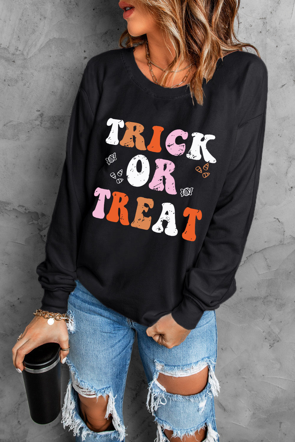 Trick Or Treat Graphic Crewneck Halloween Sweatshirt | Black