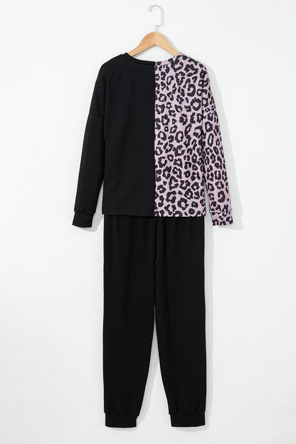 Contrast Leopard Long Sleeve Pullover And Joggers Outfit | Black