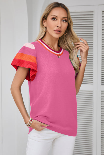 Contrast Flutter Sleeves Knitted Sweater T Shirt | Bright Pink