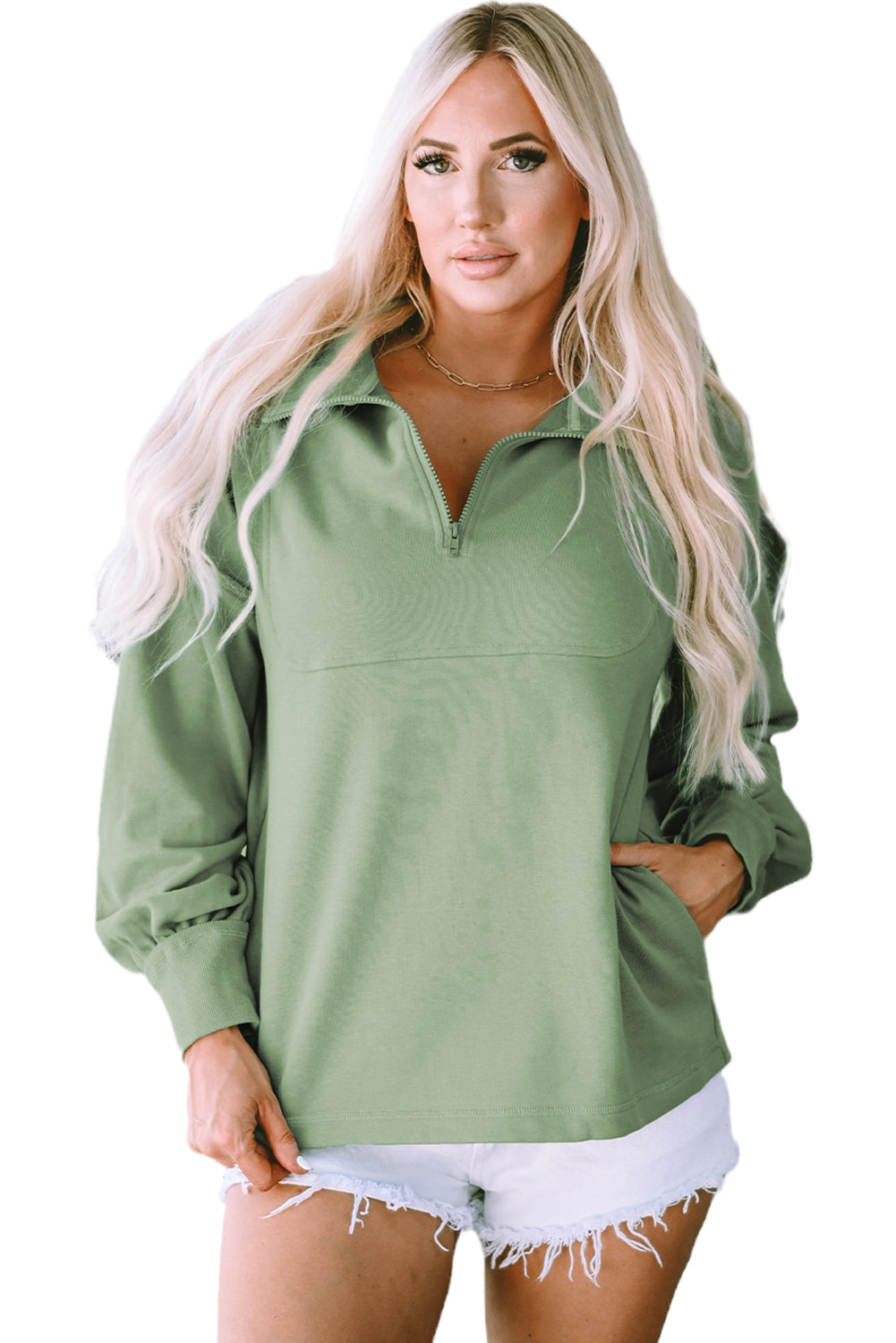 Casual Zip Collared Pullover Sweatshirt | Green