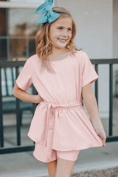 Keyhole Back Belted Peplum Girls Romper | Pink