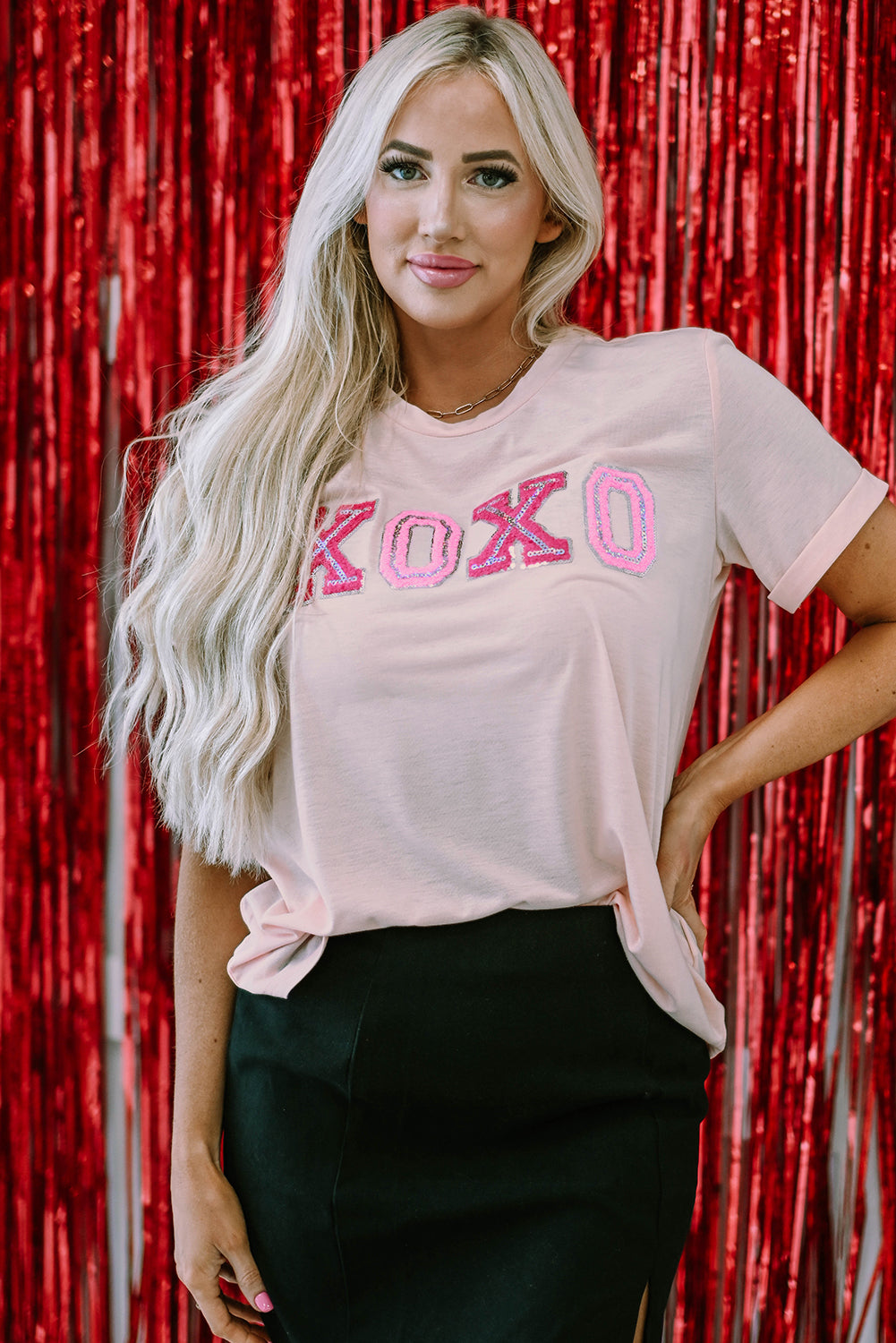 Valentines Shiny Xoxo Graphic T-Shirt | Pink