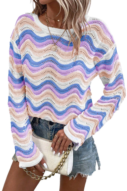 Wavy Pointelle Knit Drop Shoulder Sweater | Purple Stripe