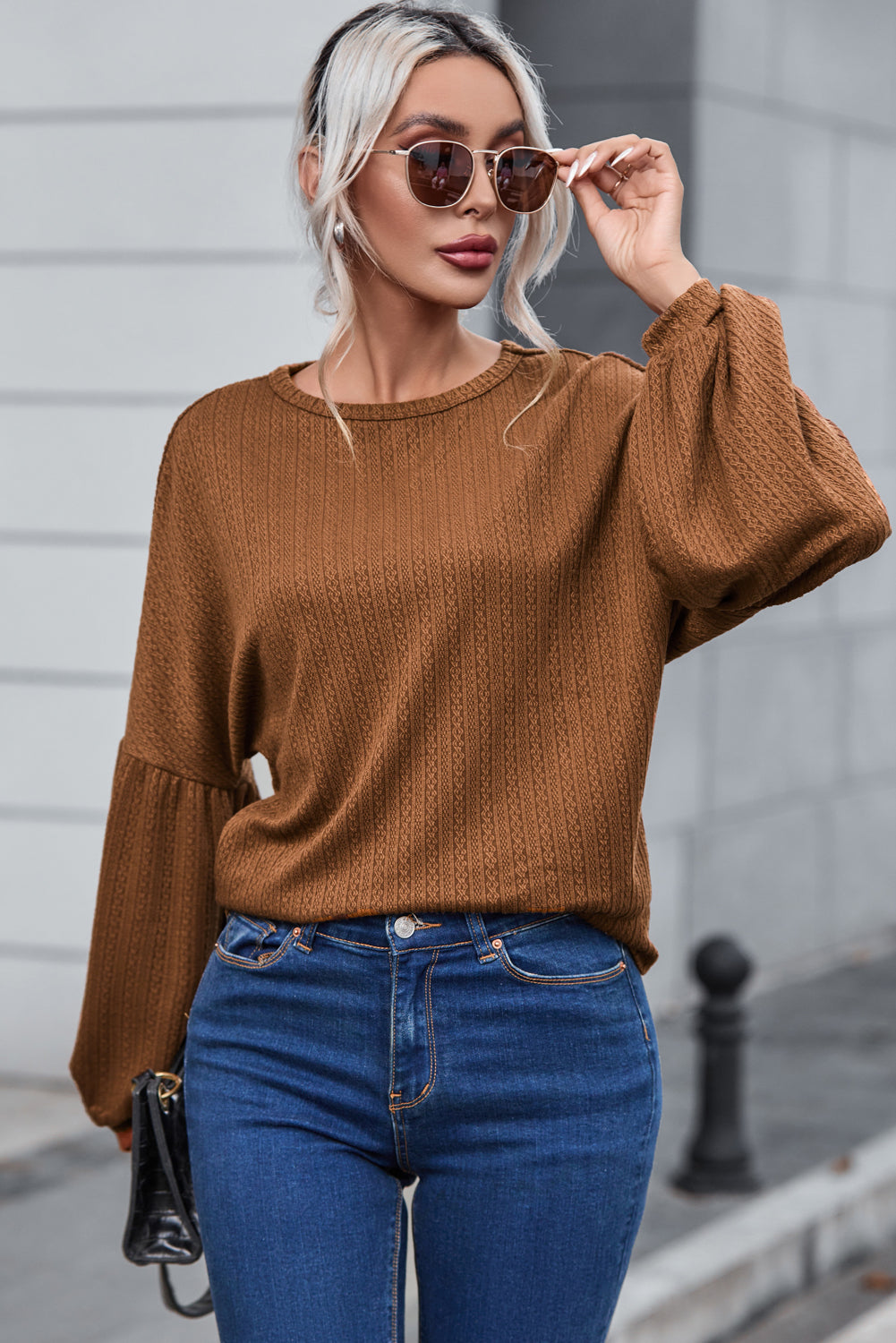 Faux Knit Jacquard Puffy Long Sleeve Top | Orange